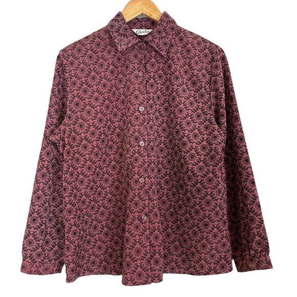 Vintage Blouse Patterned Women Long Sleeves Unique Print Collared Elaborate Top - Picture 1 of 10